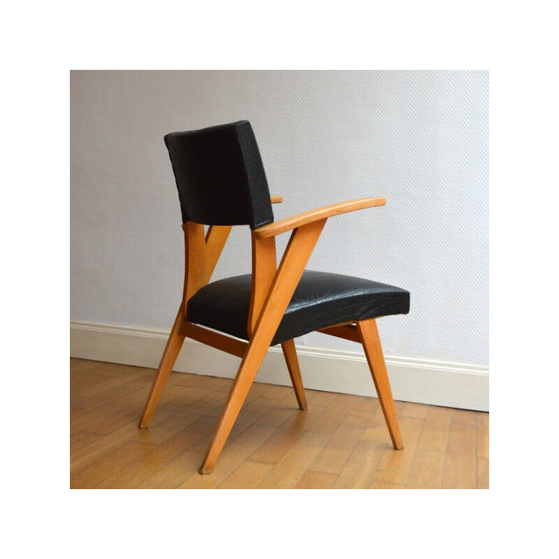Chair in teak and black leatherette - 1960s