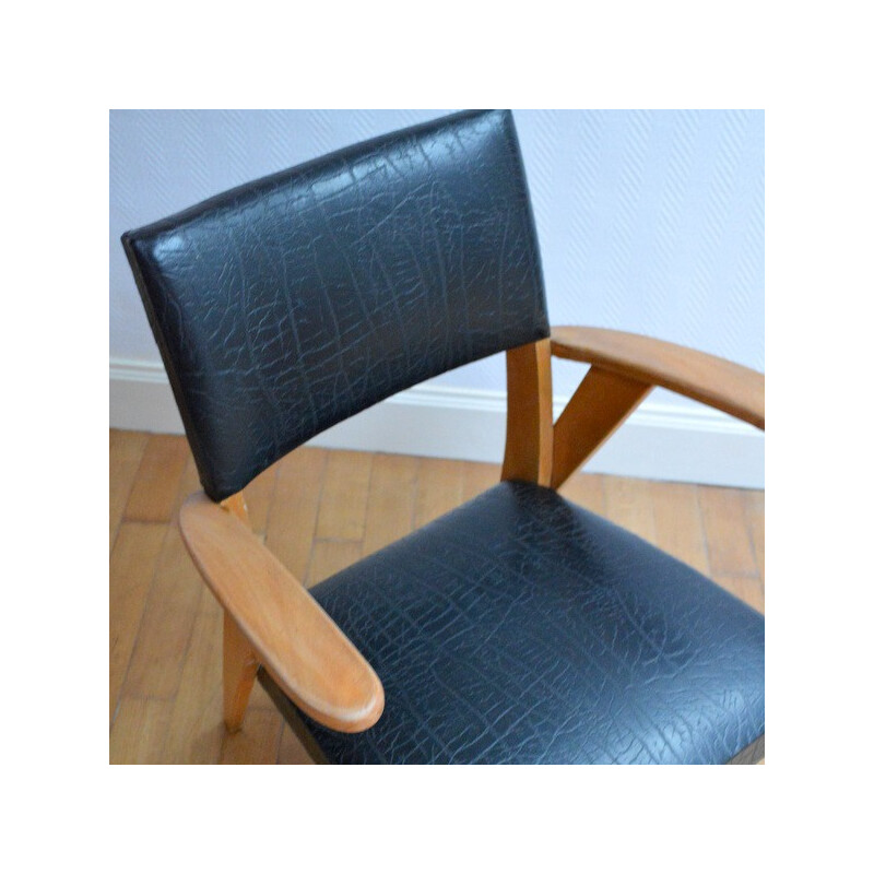 Chaise vintage en teck et simili-cuir noir - 1960 