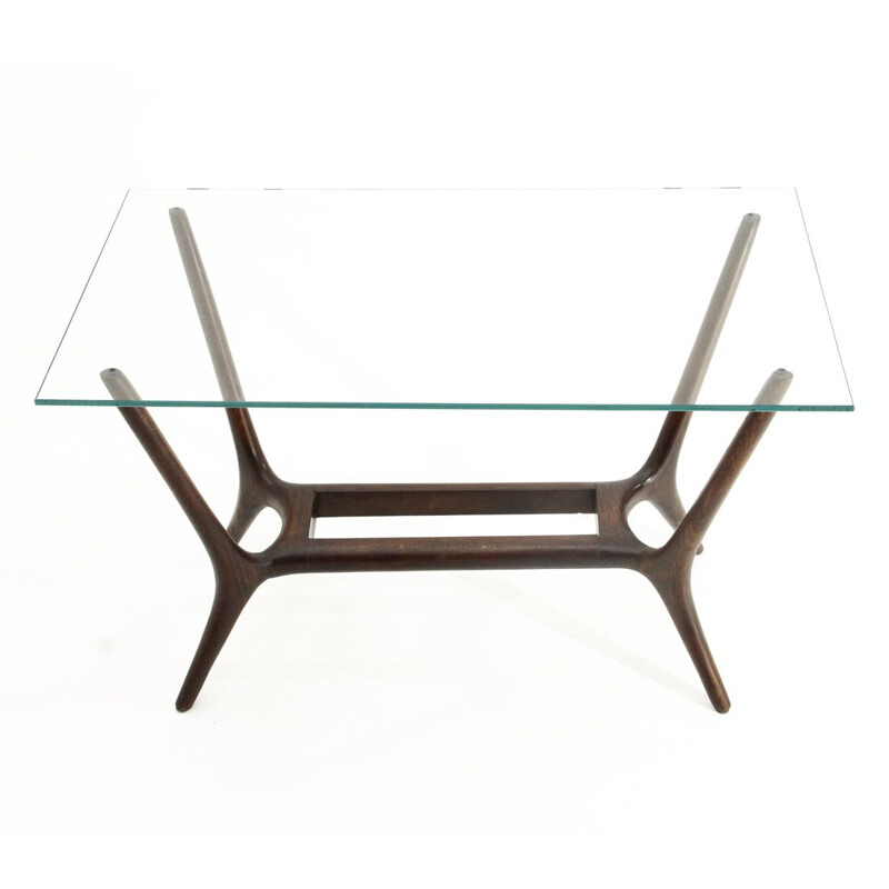 Vintage glass and wood coffee table, Italian 1950