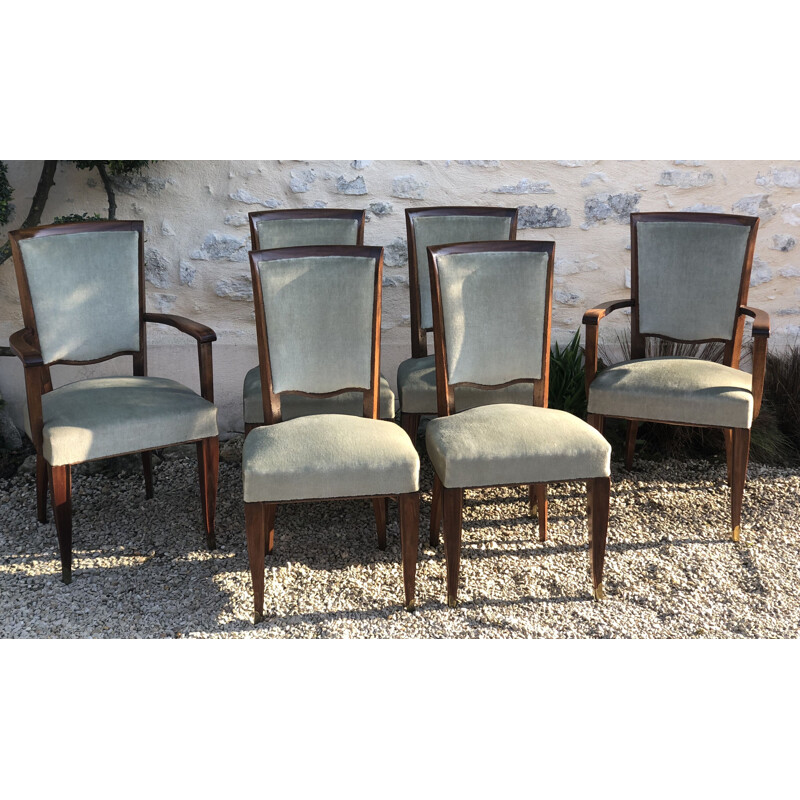 6 Vintage mahogany and green velvet chairs 1950