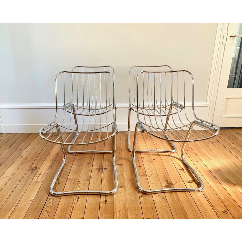 Series of 4 chairs vintage chromium-plated Italian 1970