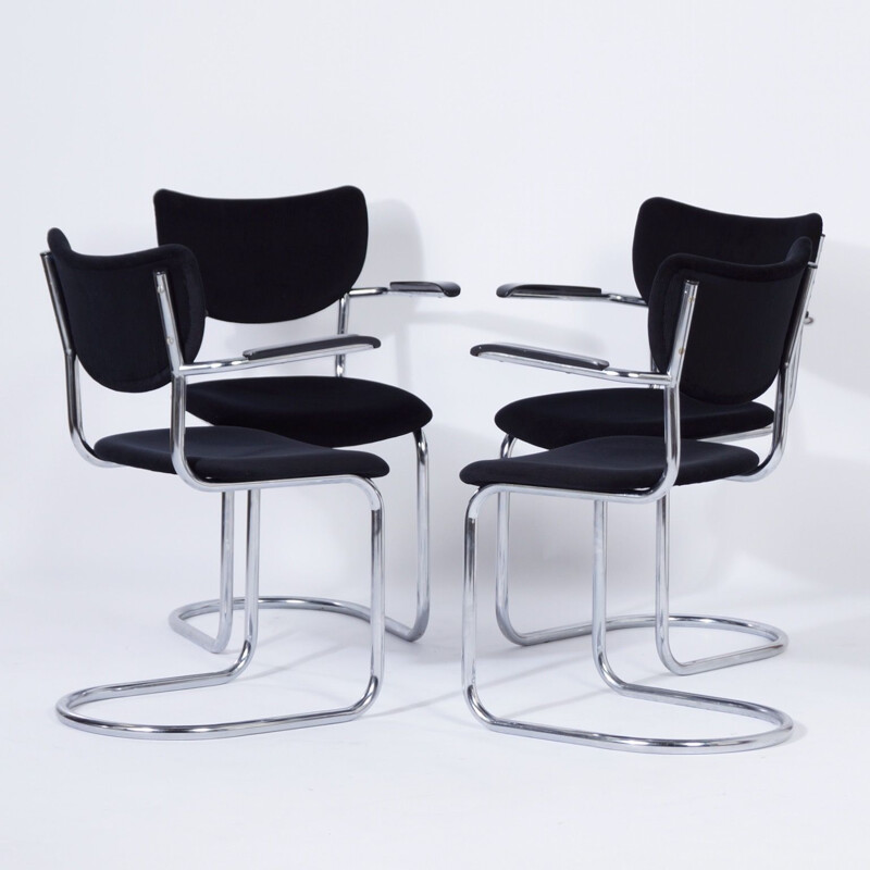 Conjunto de 4 cadeiras cantilever vintage 3011 da De Wit, novo tecido preto com nervuras 1950