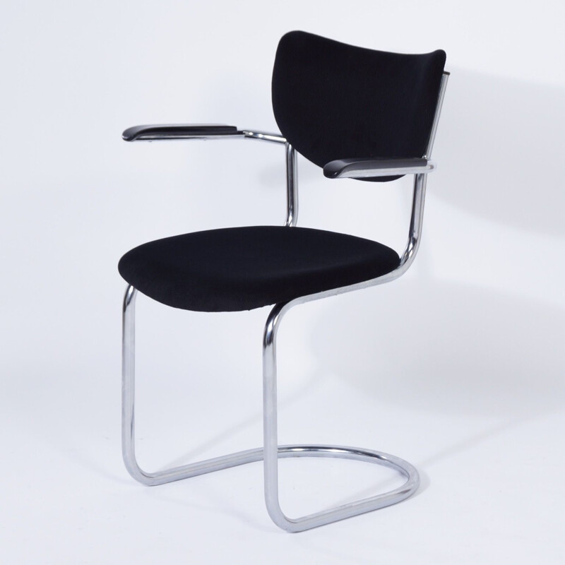 Lot de 4 chaises vintage cantilever 3011 par De Wit, nouveau tissu côtelé noir 1950