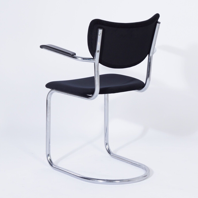 Juego de 4 sillas voladizas vintage 3011 de De Wit, tela acanalada negra nueva 1950