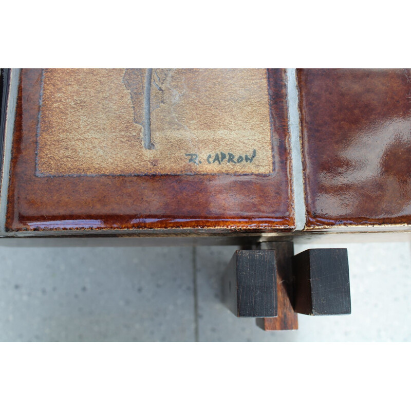 Table basse vintage Roger Capron plateau en céramique modèle Herbier signée 1960