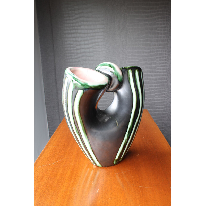 Vintage ceramic Bauzio vase in the shape of a basket with 2 collars 1950