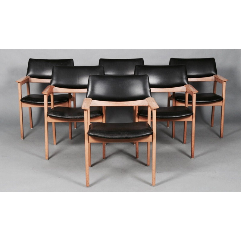 Set of 6 vintage chairs black leather armrests Scandinavian design 1950's