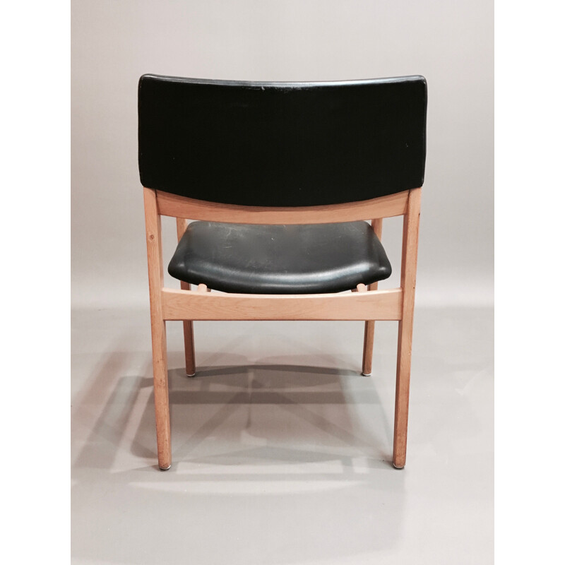 Ensemble de 6 chaises vintage accoudoirs cuir noir Design scandinave 1950