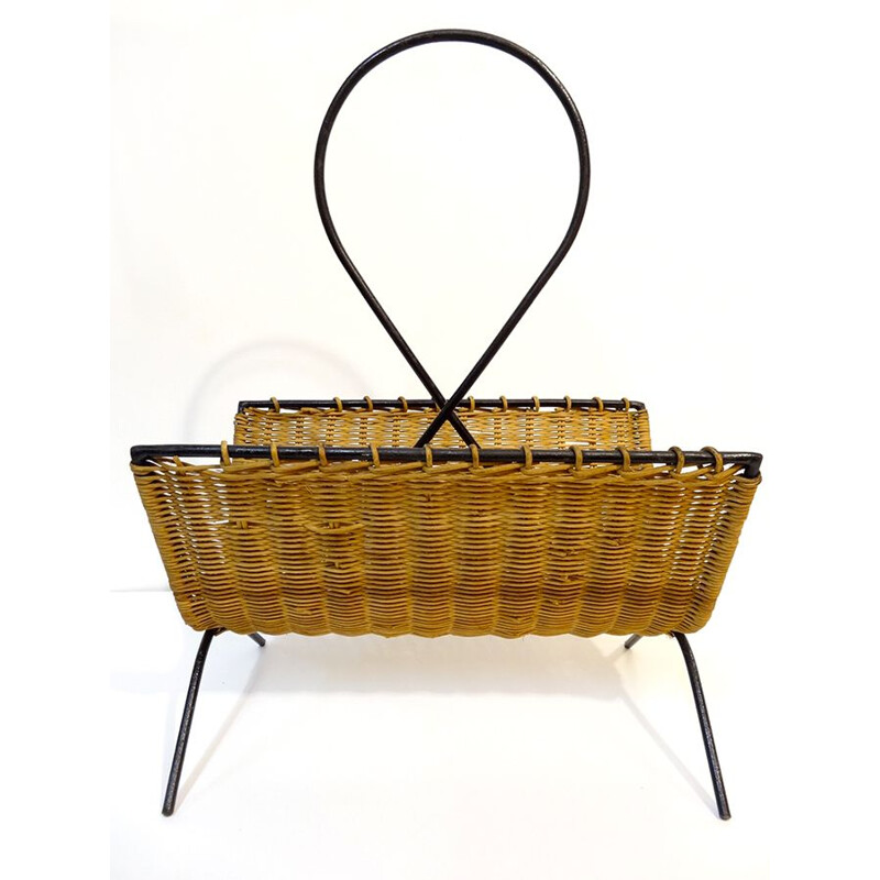 Vintage magazine rack Steel and black lacquered Rattan 1960