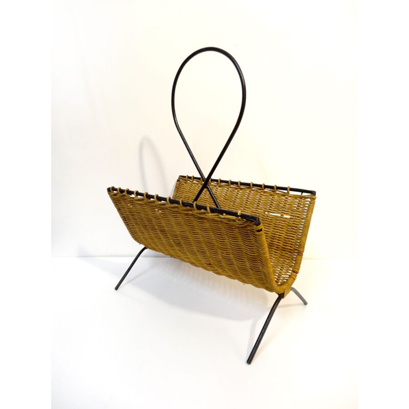 Vintage magazine rack Steel and black lacquered Rattan 1960
