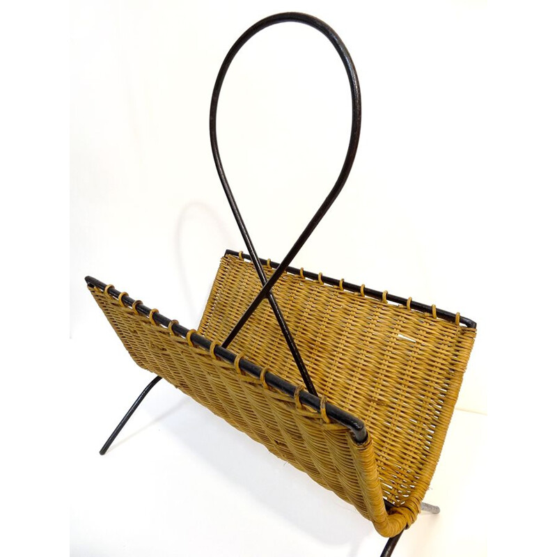 Vintage magazine rack Steel and black lacquered Rattan 1960