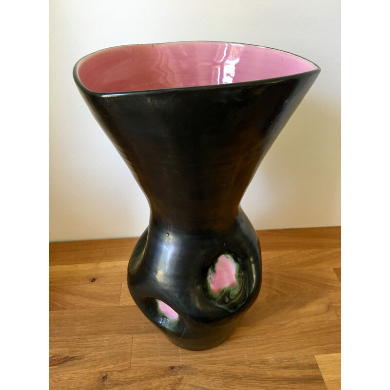 Vase vintage en Céramique Emaillée rose et noir