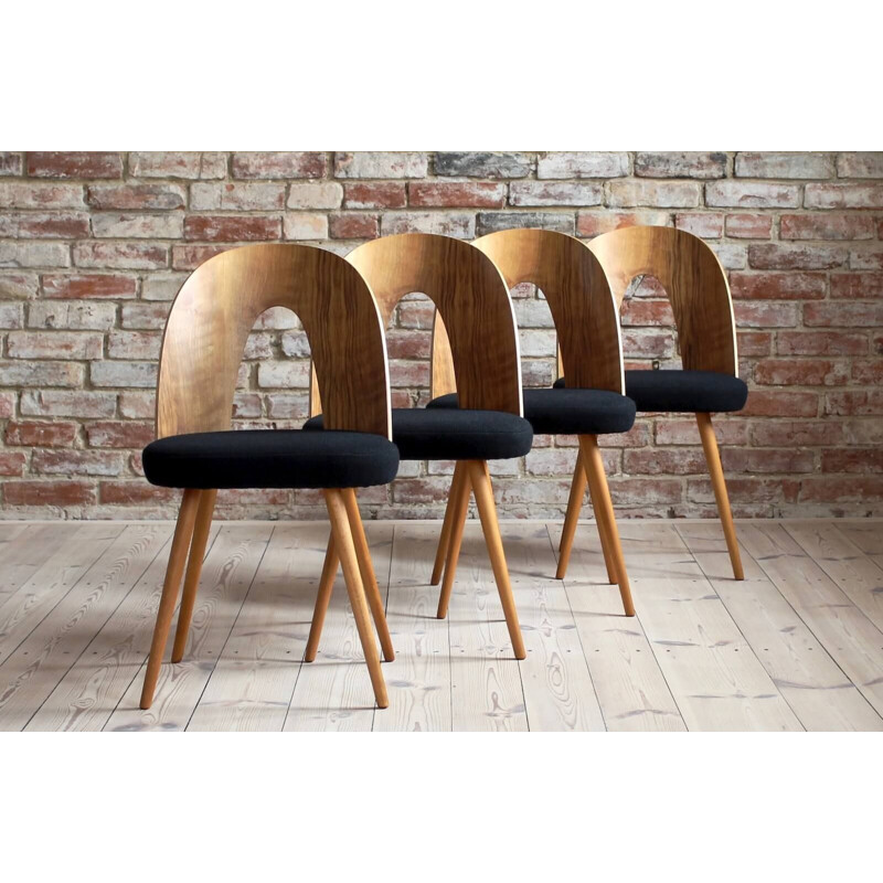 Set of 4 Midcentury Dining Chairs by A. Šuman in Black Wool by Kvadrat