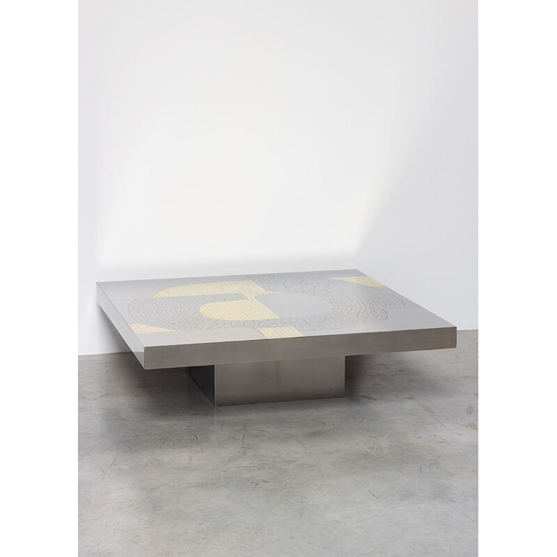 Vintage mosaic coffee table inlaid with steel and brass by Jean Claude Dresse