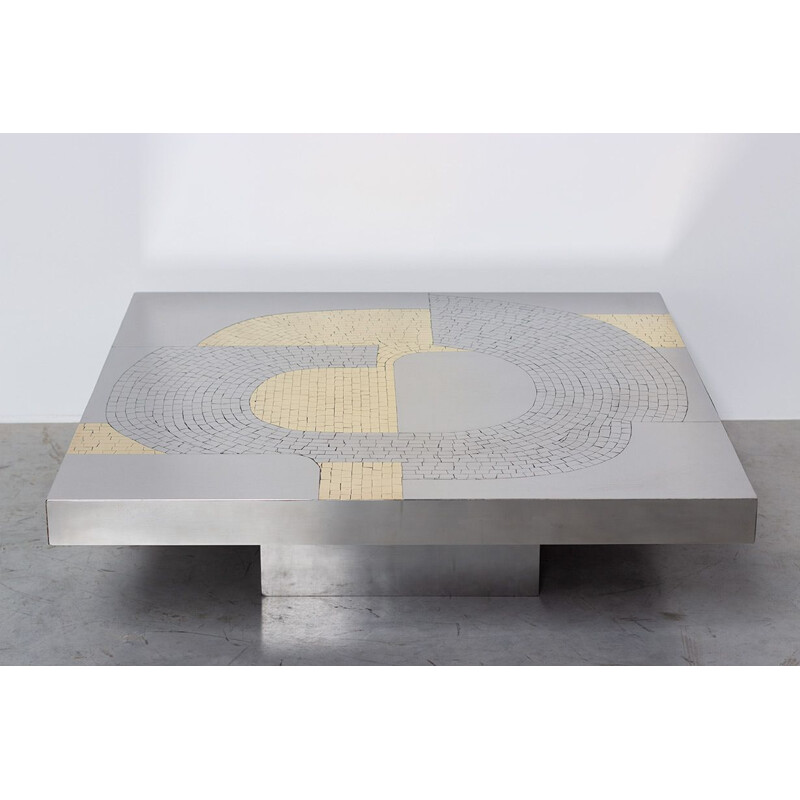 Vintage mosaic coffee table inlaid with steel and brass by Jean Claude Dresse