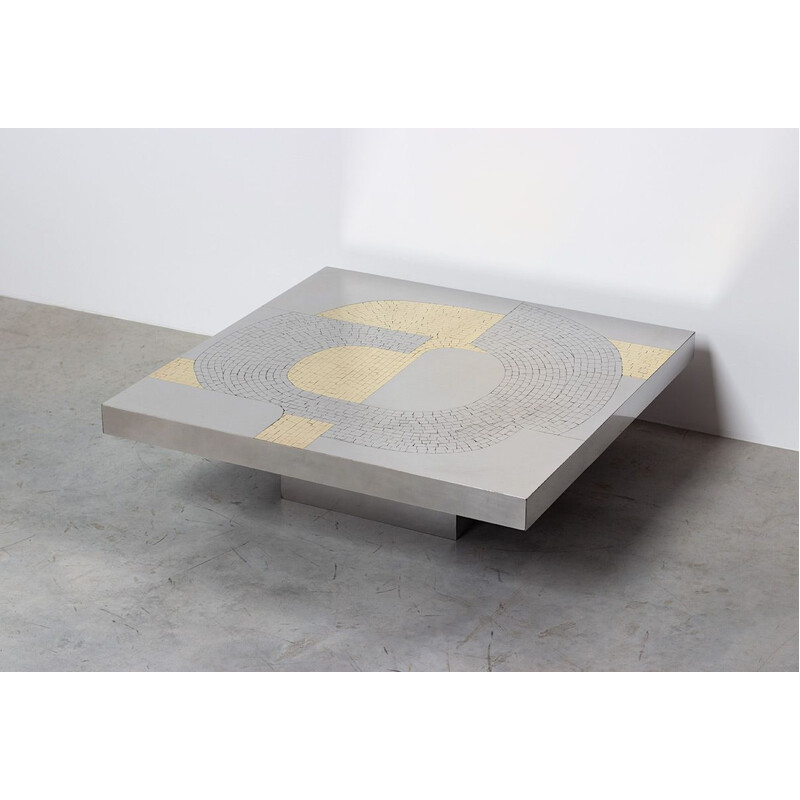 Table basse vintage en mosaïque incrustée d'acier et de laiton par Jean Claude Dresse