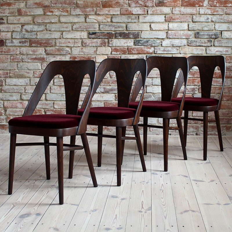 Set of 4 Midcentury Dining Chairs in Burgundy Mohair by Kvadrat