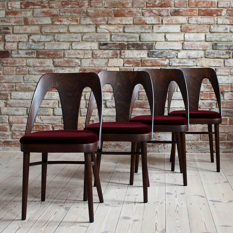 Set of 4 Midcentury Dining Chairs in Burgundy Mohair by Kvadrat