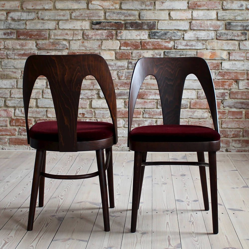 Set of 4 Midcentury Dining Chairs in Burgundy Mohair by Kvadrat