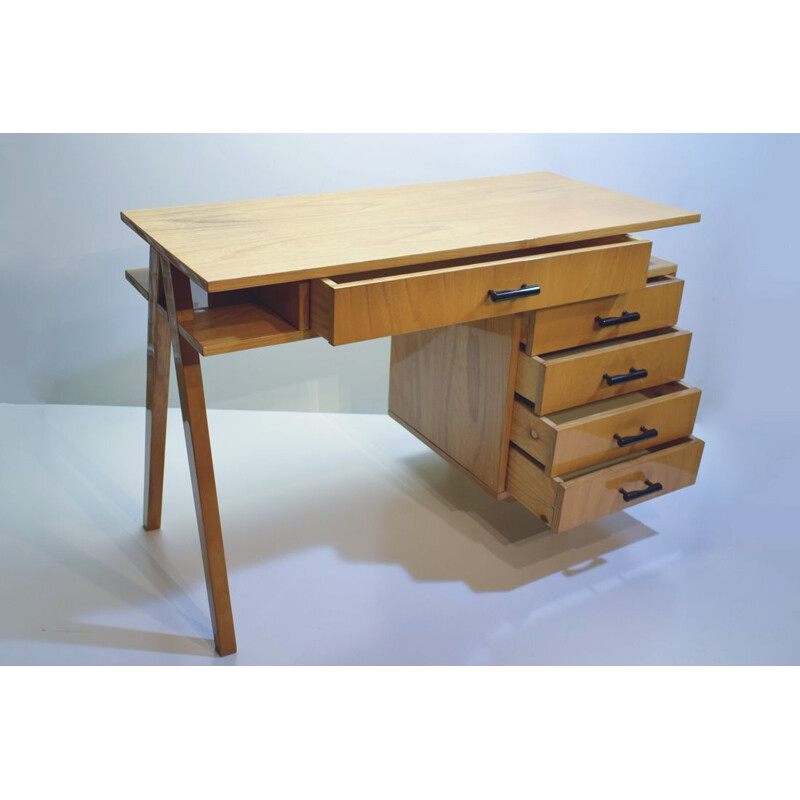 Vintage double-sided fruitwood desk 1950 