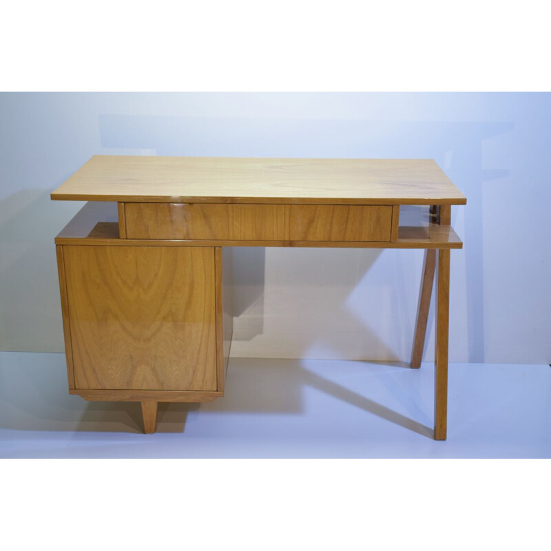 Bureau vintage double-face en bois fruitier 1950 