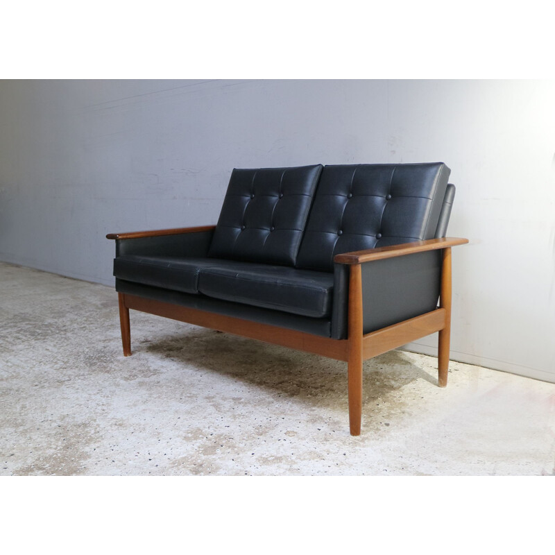 Vintage 2 seater sofa in black Danish leatherette 1960