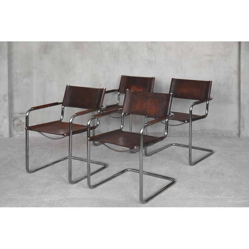 Set of 4 vintage chairs in thick leather and patina from Centro Studi for Matteo Grassi, Italy 1960