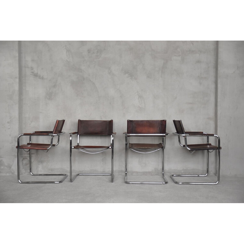 Ensemble de 4 chaises vintage en cuir épais et patiné du Centro Studi pour Matteo Grassi, Italie 1960