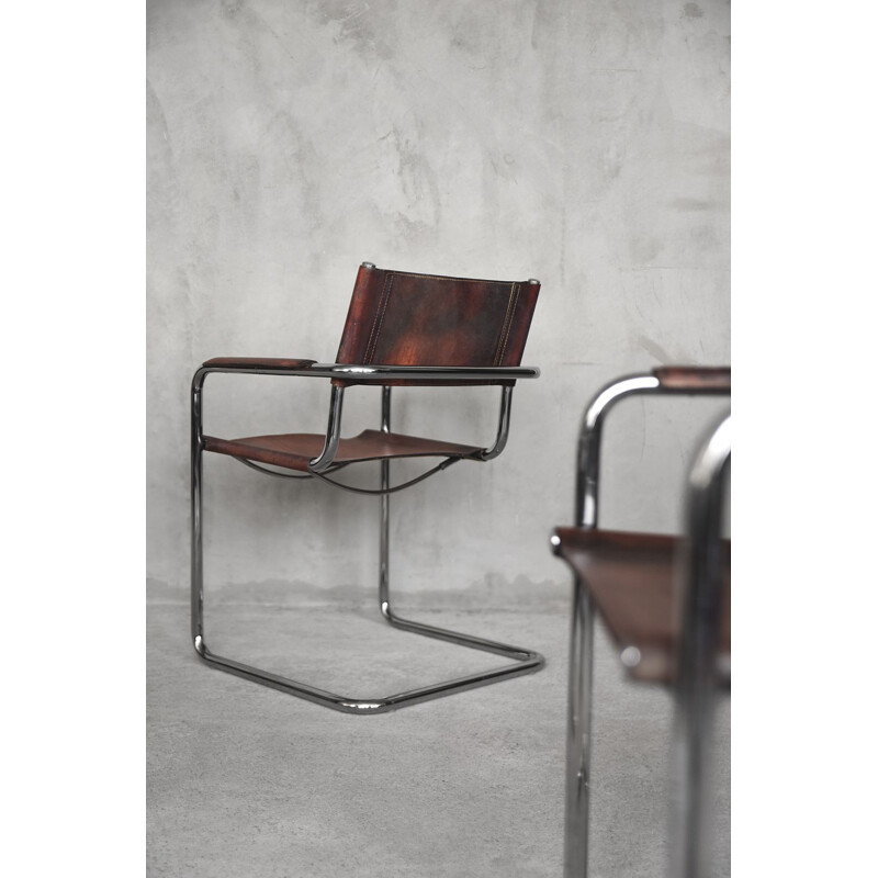 Set of 4 vintage chairs in thick leather and patina from Centro Studi for Matteo Grassi, Italy 1960