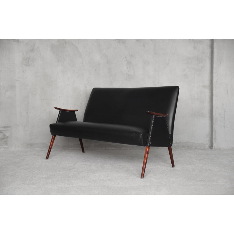 Vintage 2 seater Italian black artificial leather sofa 1950
