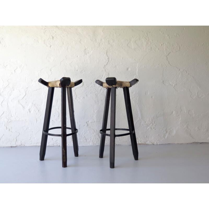 Pair of vintage high stools in cow leather and wood 1930