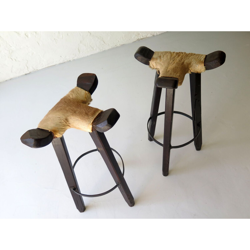 Pair of vintage high stools in cow leather and wood 1930