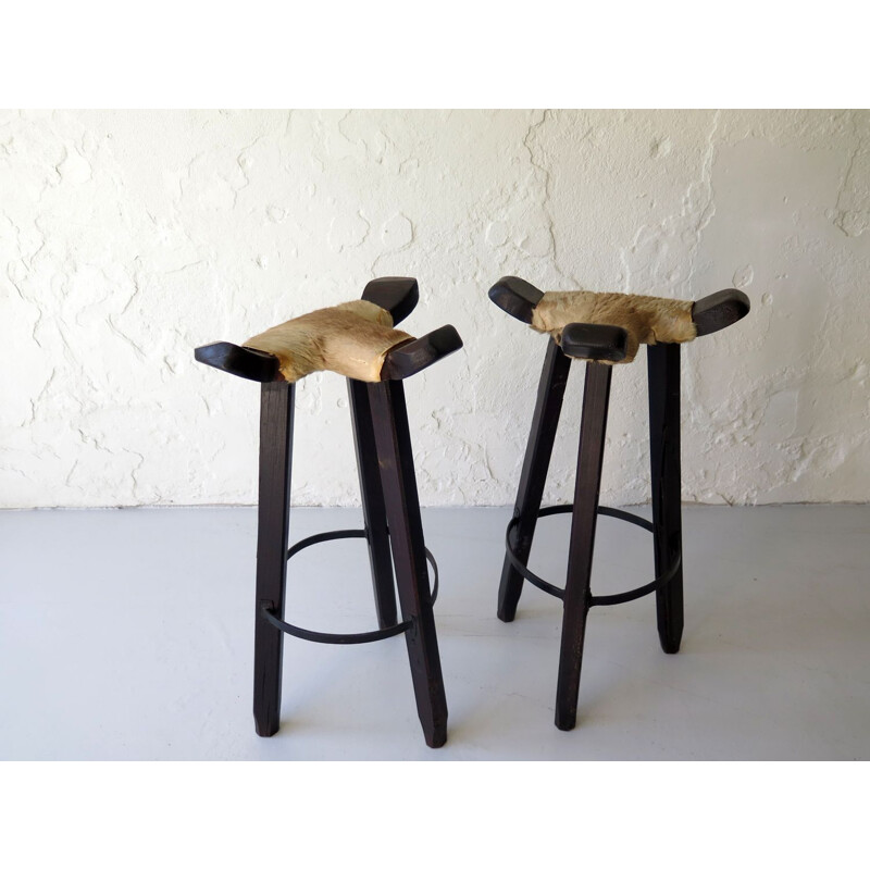 Pair of vintage high stools in cow leather and wood 1930