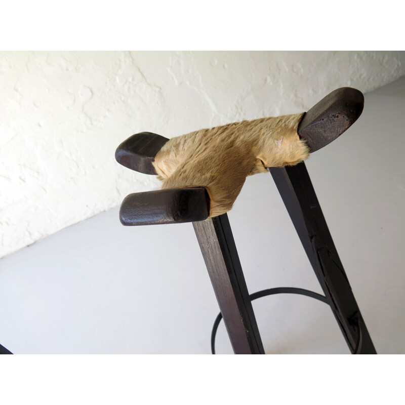 Pair of vintage high stools in cow leather and wood 1930