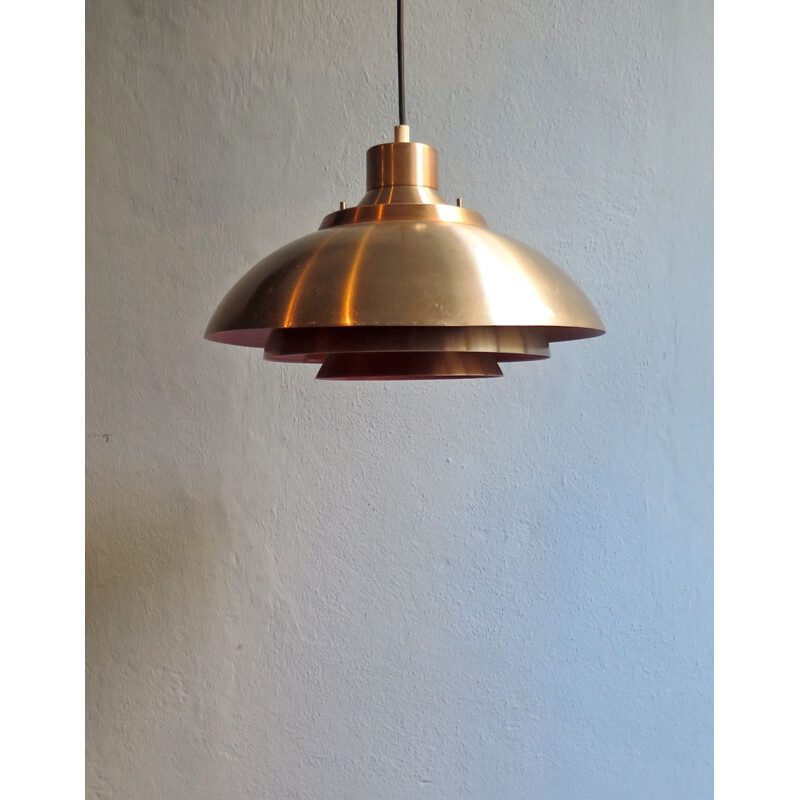 Suspension vintage scandinave en aluminium doré et orange 1950