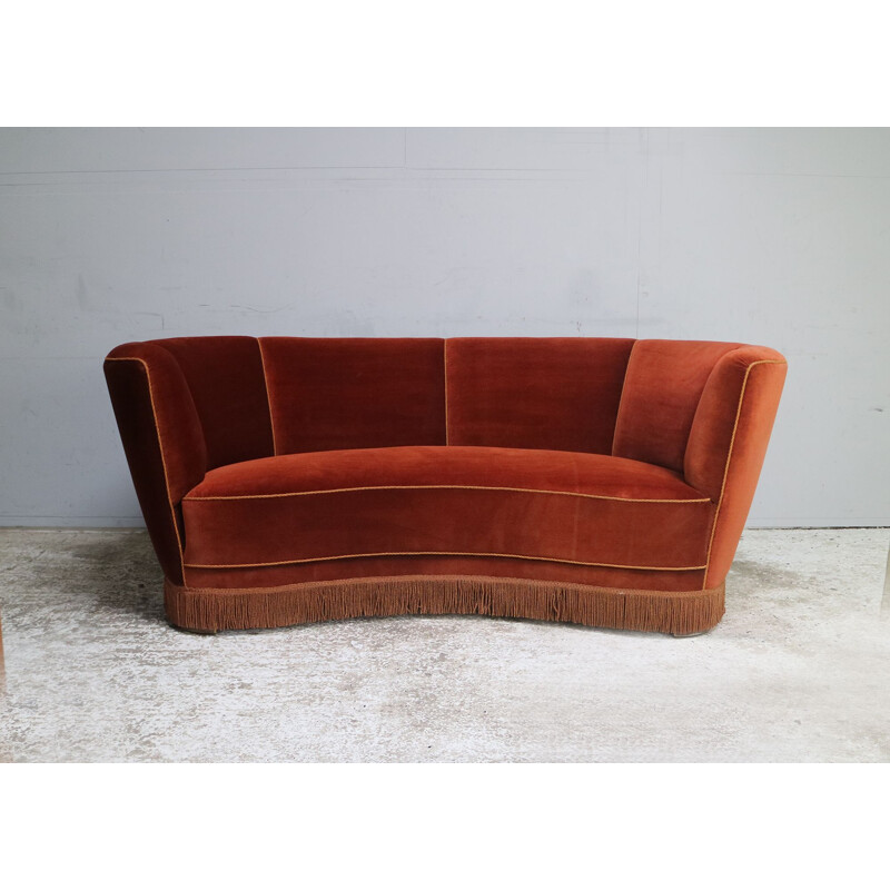 Danish Art Deco 3 seat red velvet sofa mid century 1930's