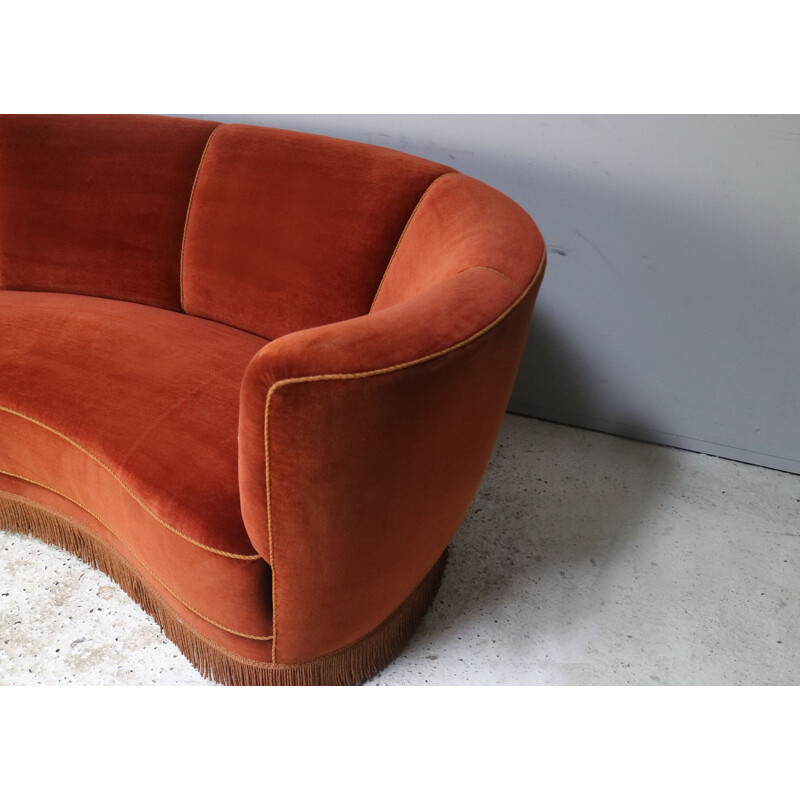 Danish Art Deco 3 seat red velvet sofa mid century 1930's