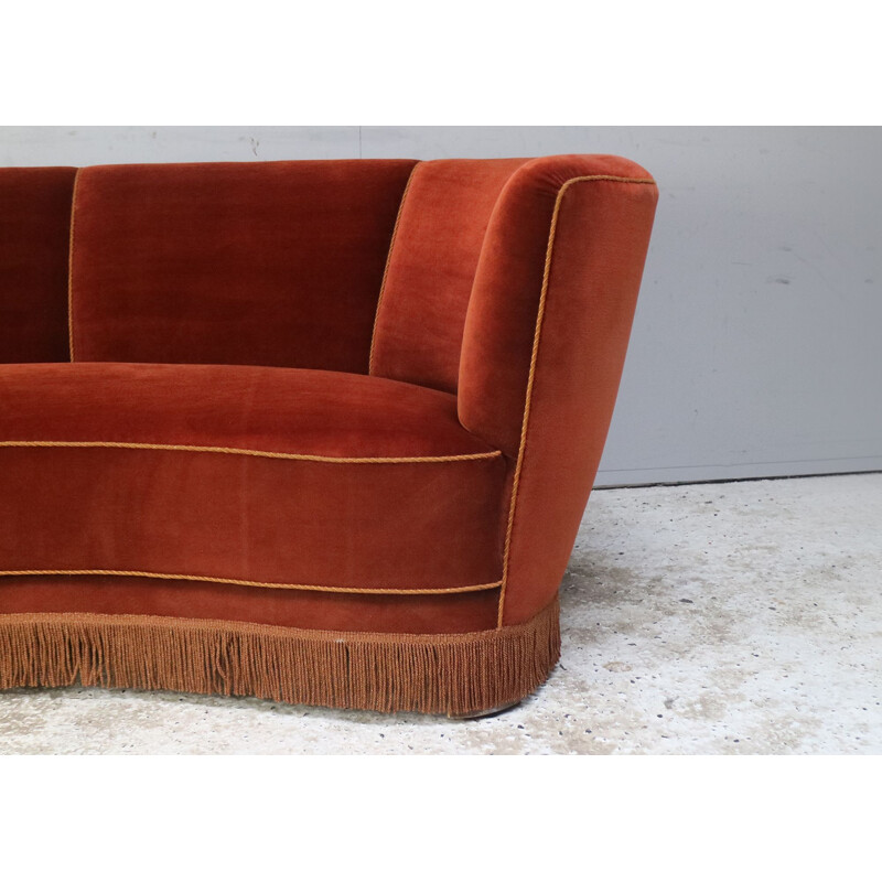 Danish Art Deco 3 seat red velvet sofa mid century 1930's