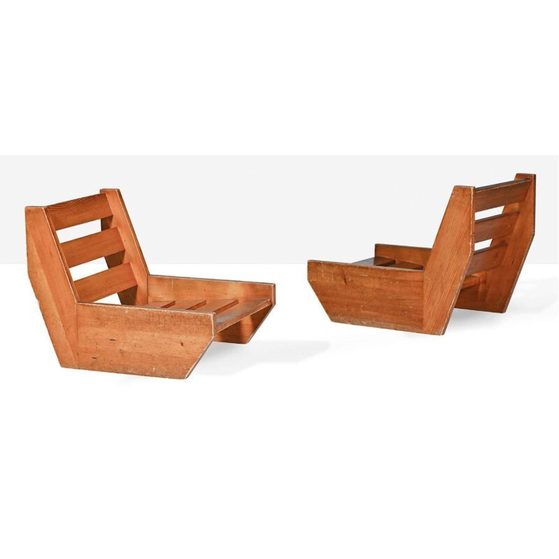 2 fauteuils Lounge vintage en pin René Martin