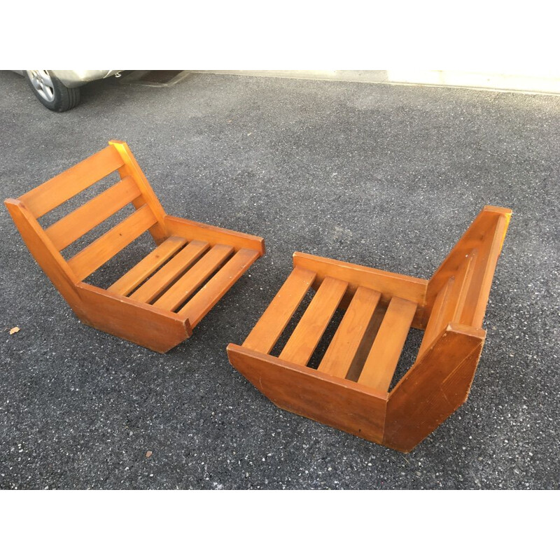 2 vintage pine Lounge armchairs René Martin