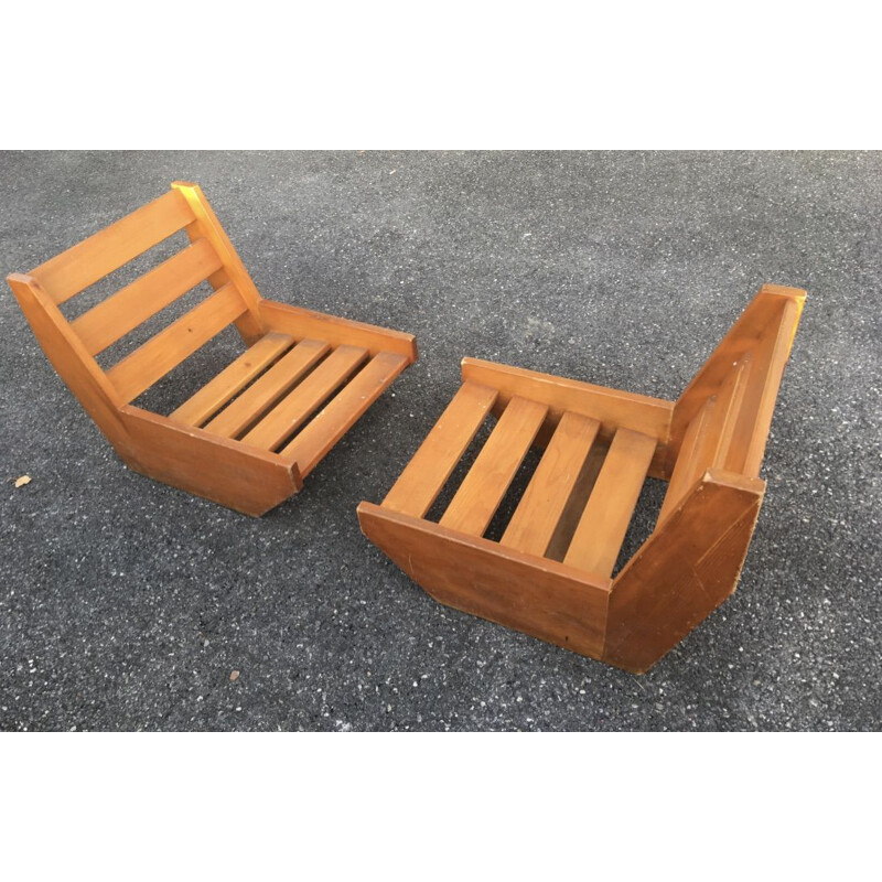 2 vintage pine Lounge armchairs René Martin