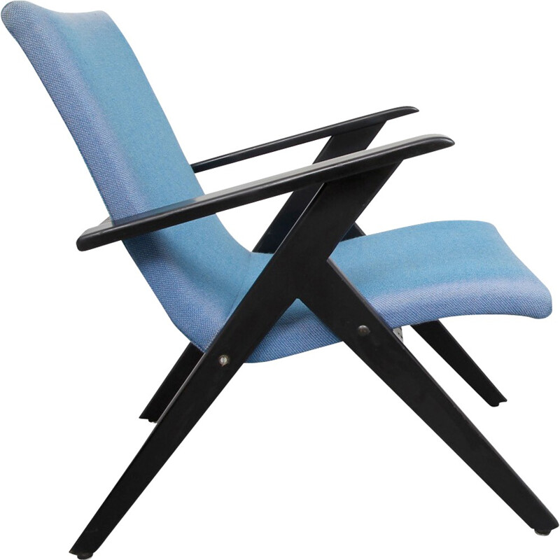 Vintage-Sessel aus schwarzem Holz und blauem Stoff - 1950