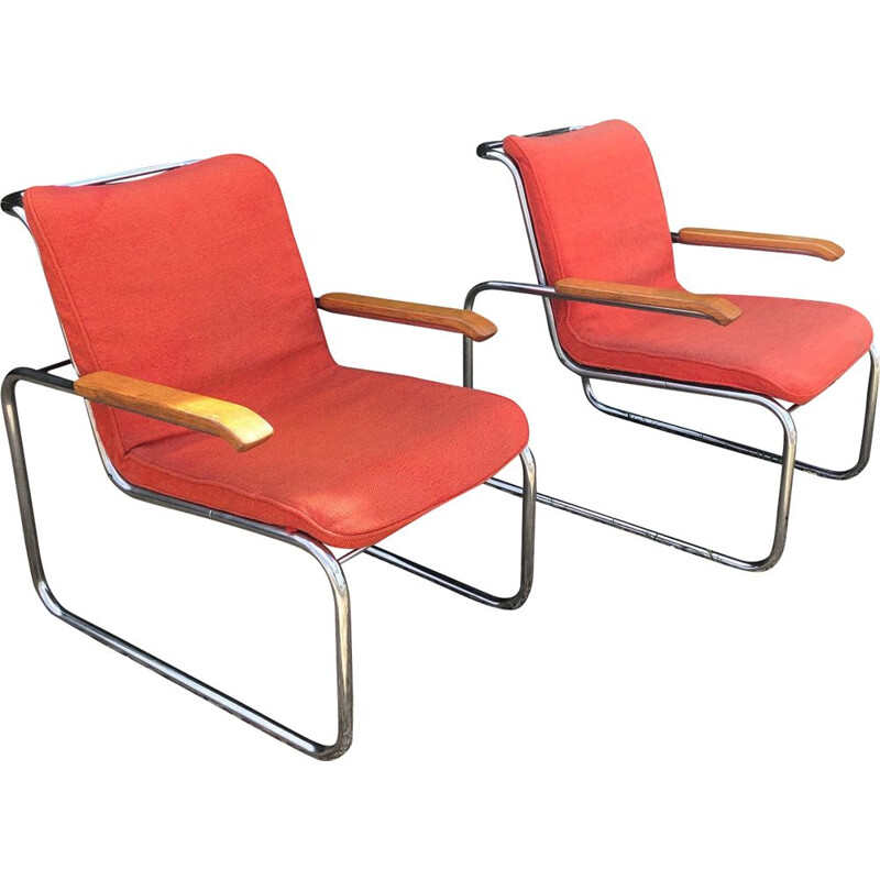 Paar vintage fauteuils in chroom en rode wol B35 marcel breuer knoll 1970