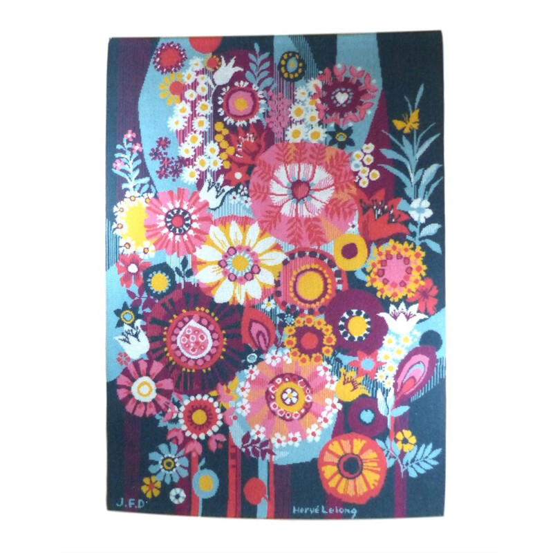 Vintage Hervé Lelong tapestry with flowers signed 1970 