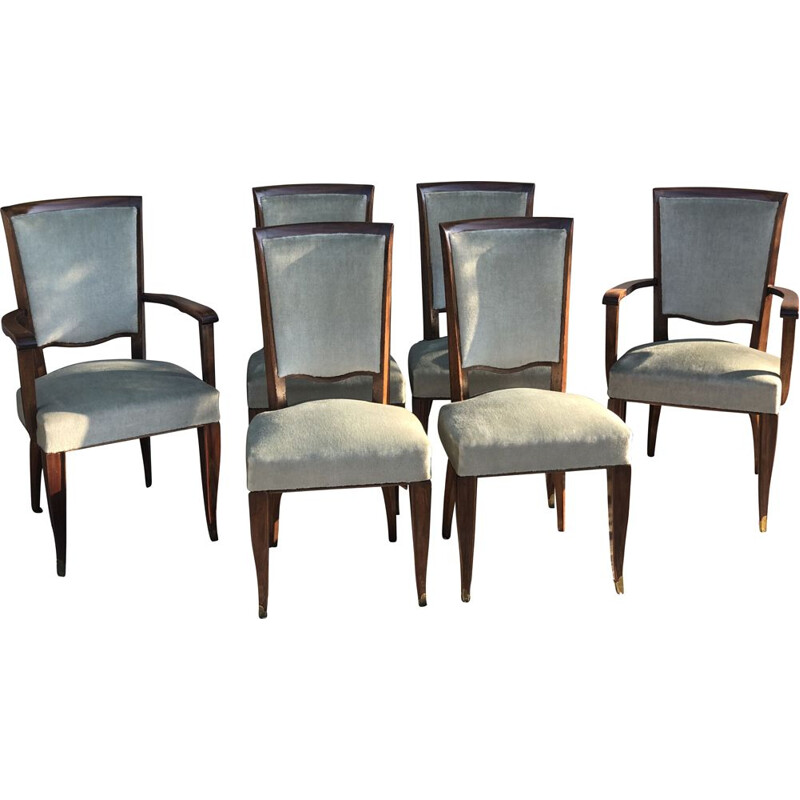 6 Vintage mahogany and green velvet chairs 1950