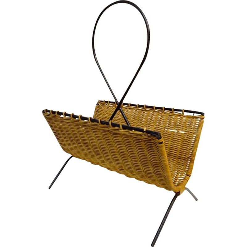 Vintage magazine rack Steel and black lacquered Rattan 1960