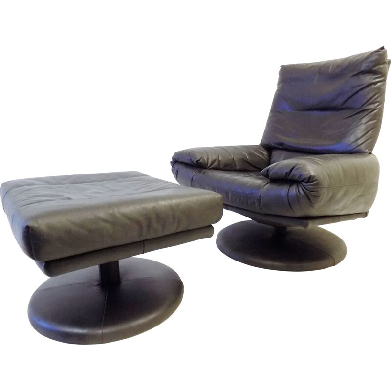 Fauteil lounge avec pouf en cuir gris-noir Rolf Benz Forum 