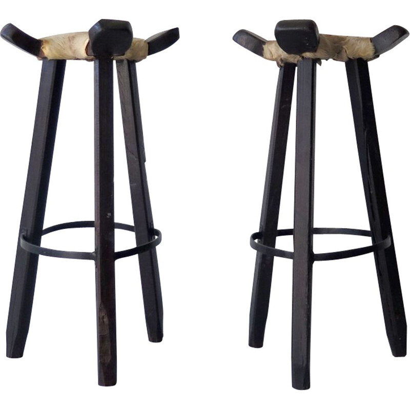 Pair of vintage high stools in cow leather and wood 1930