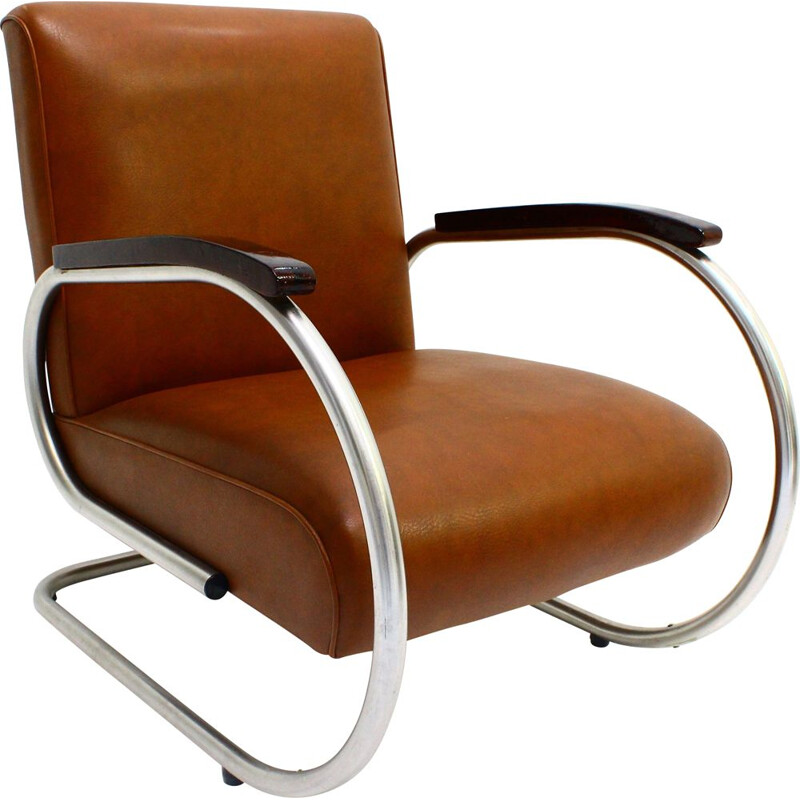 Tubax armchair in tubular steel armrests in lacquered wood 1950