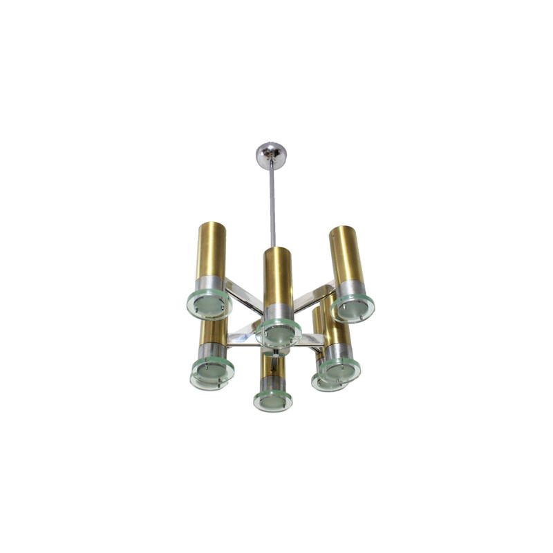Sciolari chrome brass and glass chandelier 1970